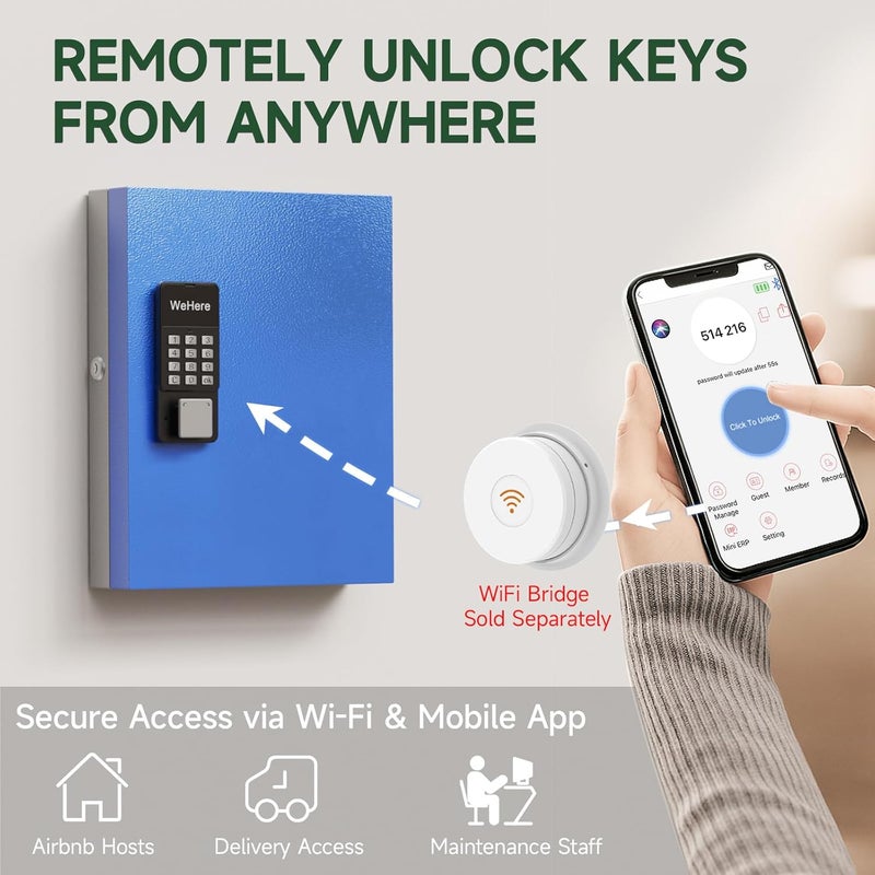 WeHere 32 Key Lock Box Wall Mount, APP Bluetooth/One Time Password Share/Wi-Fi Remote/Fixed Code/Key Unlock, Smart Key Cabinet, Key Organizer Box for Apartment, Home, Office, School Key Manage - Image 5